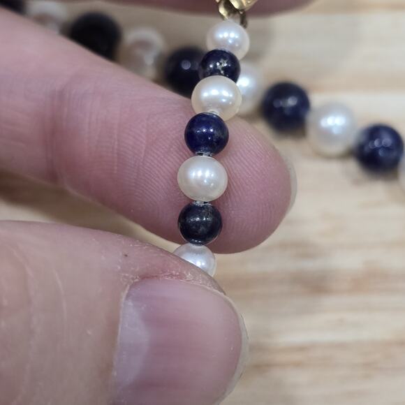 Lapis Lazuli and Pearl Graduated Bead Thread Strung 17" Necklace 14K GF Clasp - Picture 13 of 16